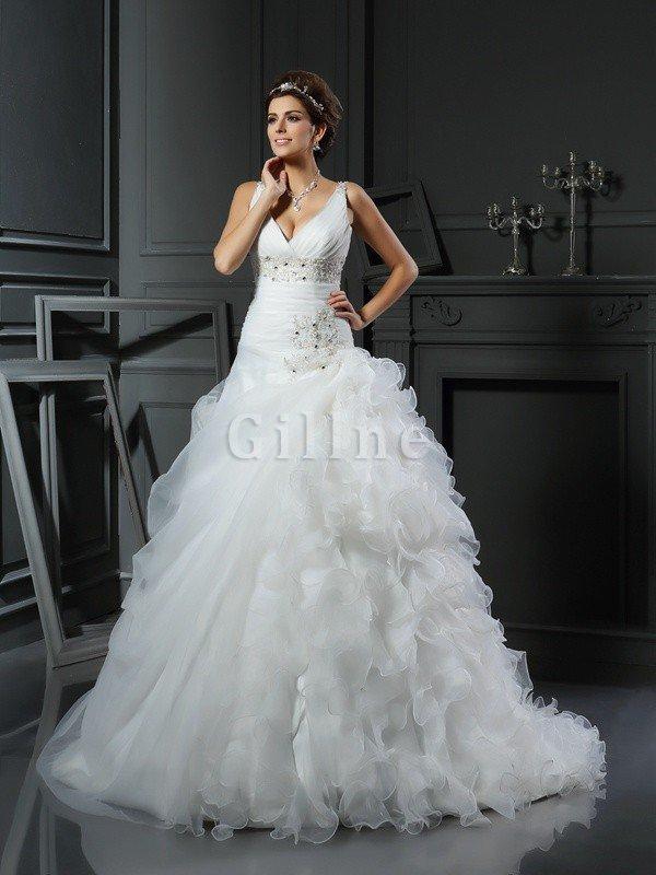 Abito da Sposa Ball Gown con Increspature in Organza Allacciato Lungo