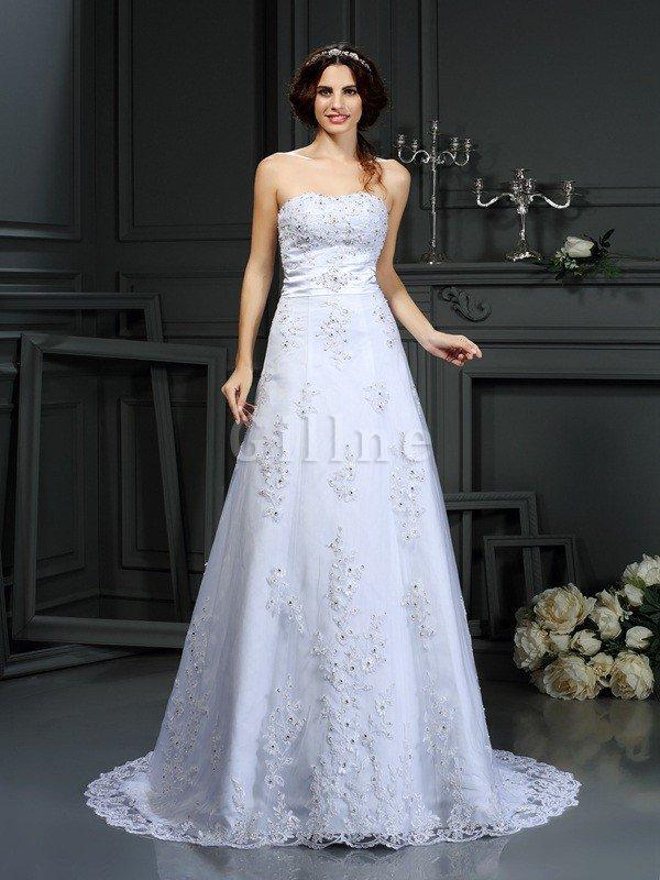 Abito da Sposa Allacciato in Raso Lungo con Applique Coda A Strascico Corto