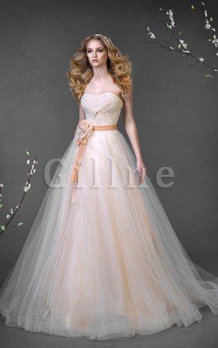 Abito da Sposa con Increspato con Fiore Coda A Strascico Corto in Tulle A Line