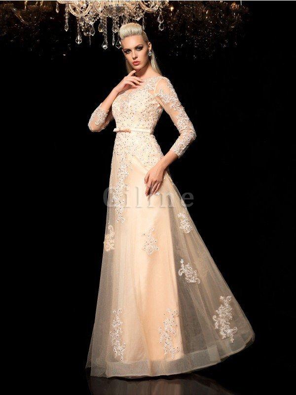 Abito da Sposa con Maniche Lunghe Lungo con Applique in Raso Cerniera