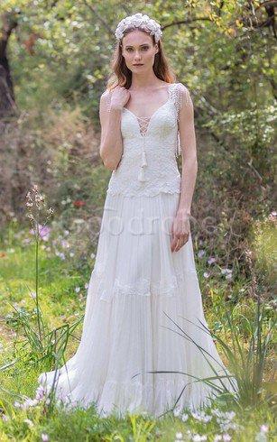 Robe de mariée plissé simple en dentelle avec perle manche nulle