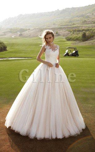 Abito da Sposa in Tulle in Pizzo Naturale Coda A Strascico Corto Senza Maniche