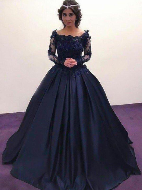 Single Duchesse Linie Bateau Sweep Train Abendkleid mit Applike mit Langen Ärmeln