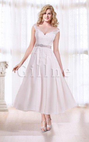 Abito da Sposa A Line con Manica Corte con Fusciacca con Applique in Raso