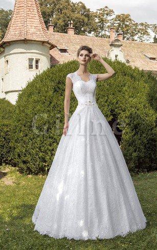 Abito da Sposa con Applique in Pizzo V Scollo Allacciato Conservatore