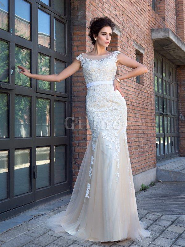 Abito da Sposa con Applique Alta Vita con Manica Corte Sirena Spazzola Treno