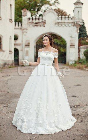 Abito da Sposa A Terra con Applique in Organza Naturale con Manica Corte