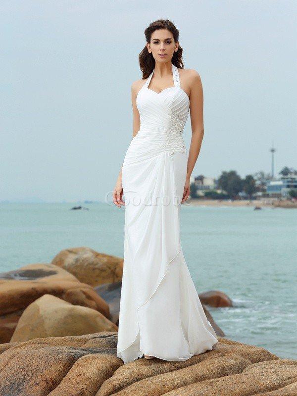 Robe de mariée de fourreau au drapée a plage en chiffon de traîne moyenne