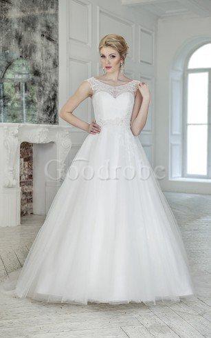 Robe de mariée naturel encolure ronde ligne a avec manche épeules enveloppants en tulle