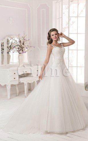 Abito da Sposa Coda A Strascico Corto con Applique A Line Barchetta Senza Maniche