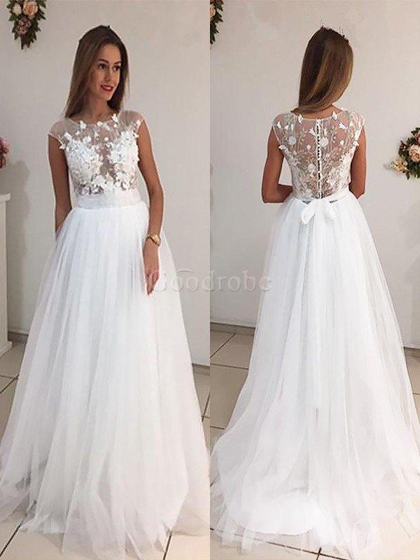 Robe de mariée naturel de princesse col u profond en tulle ligne a