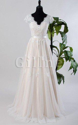 Abito da Sposa Vintage con Manica Corte in Tulle V Scollo Cappellino