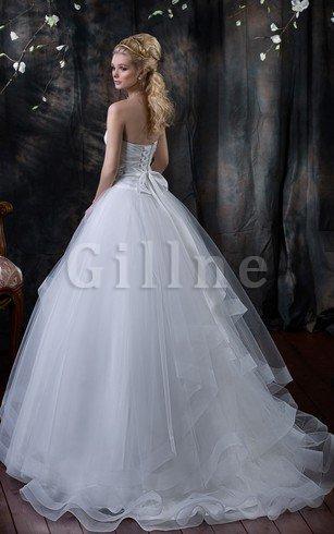 Abito da Sposa con Festone in Tulle Naturale Allacciato Lungo