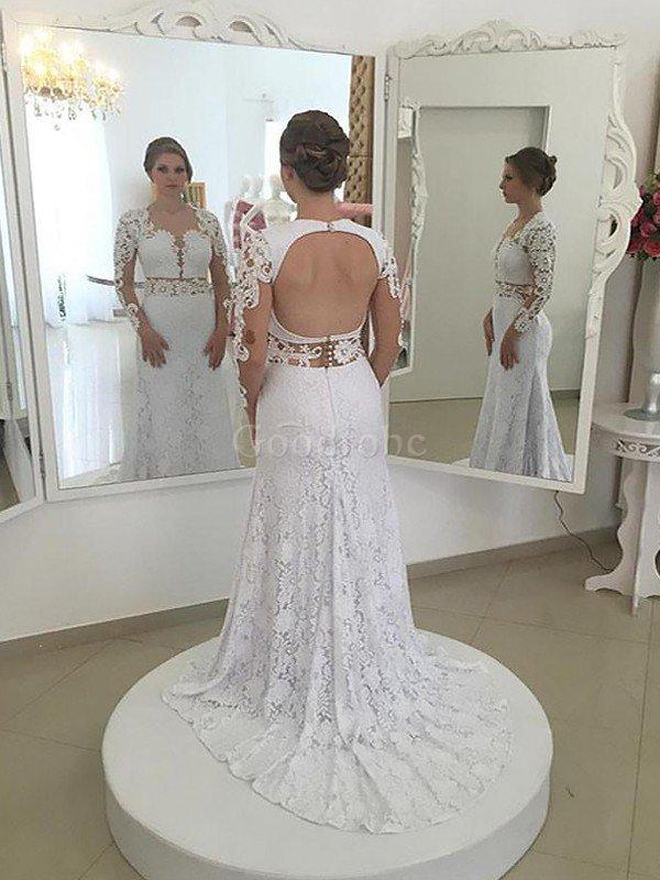 Robe de mariée naturel gaine col u profond avec décoration dentelle avec manche longue