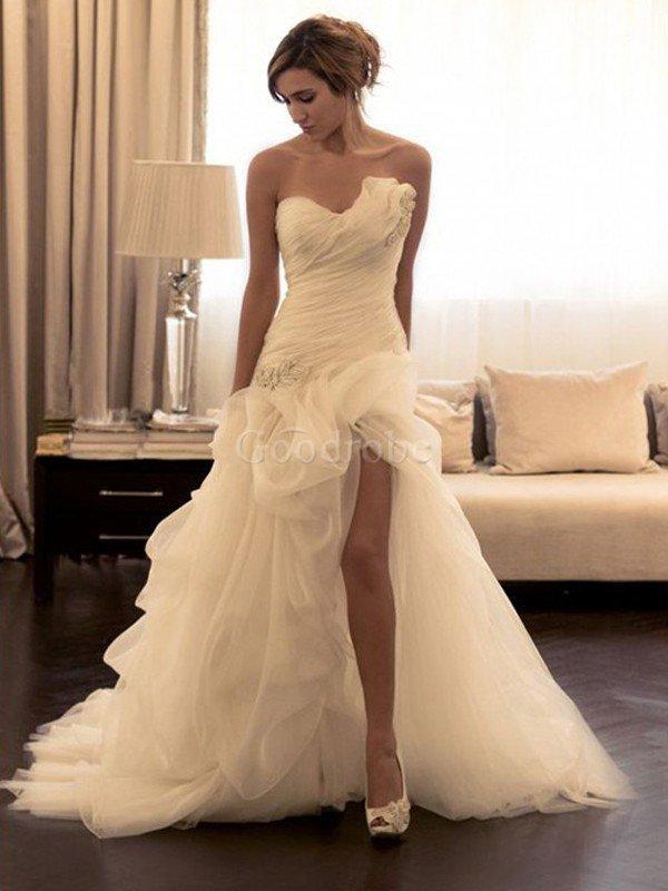 Robe de mariée naturel manche nulle de traîne courte en organza de mode de bal