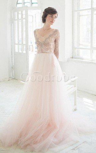 Robe de mariée vintage delicat avec manche longue avec perle de traîne moyenne