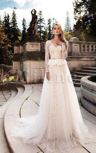 Abito da Sposa in Pizzo con Seghettato V Scollo Lunghi A Line