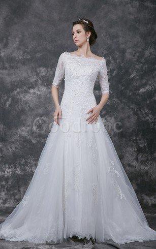 Robe de mariée a ligne de traîne courte avec manche /2 textile en tulle col en bateau