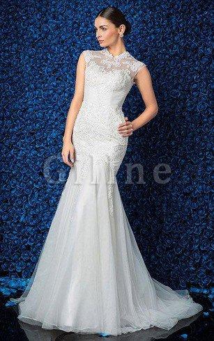 Abito da Sposa Sensuale in Pizzo con Applique con Manica Corte Conservatore