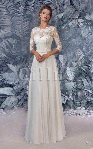 Abito da Sposa con Applique in Raso con Tre Quarti Lunghezza Maniche con Bottone con Perline