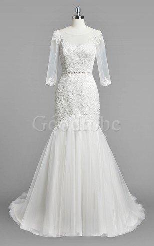 Robe de mariée distinguee naturel de traîne moyenne avec manche /4 avec perle