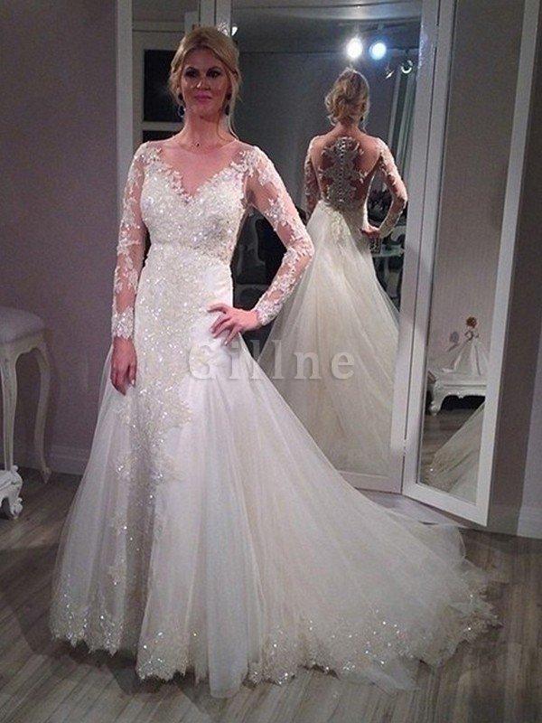 Abito da Sposa in Tulle Spazzola Treno A Line con Paillette in Paillette