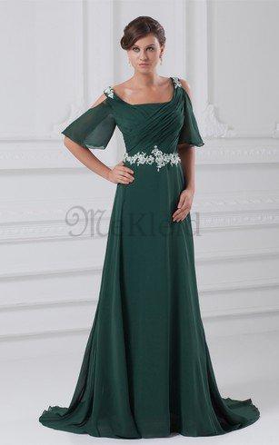 A Linie Gerüschtes Perlenbesetztes Abendkleid aus Chiffon mit Kurzen Ärmeln