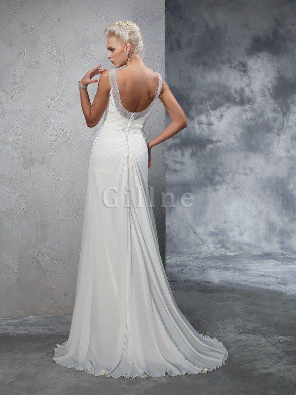 Abito da Sposa con Increspato Lungo Coda A Strascico Corto Largo Bretelle in Chiffon