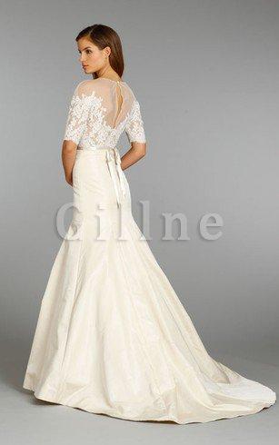 Abito da Sposa Moderno in Pizzo in Pizzo Naturale con Tre Quarti Lunghezza Maniche