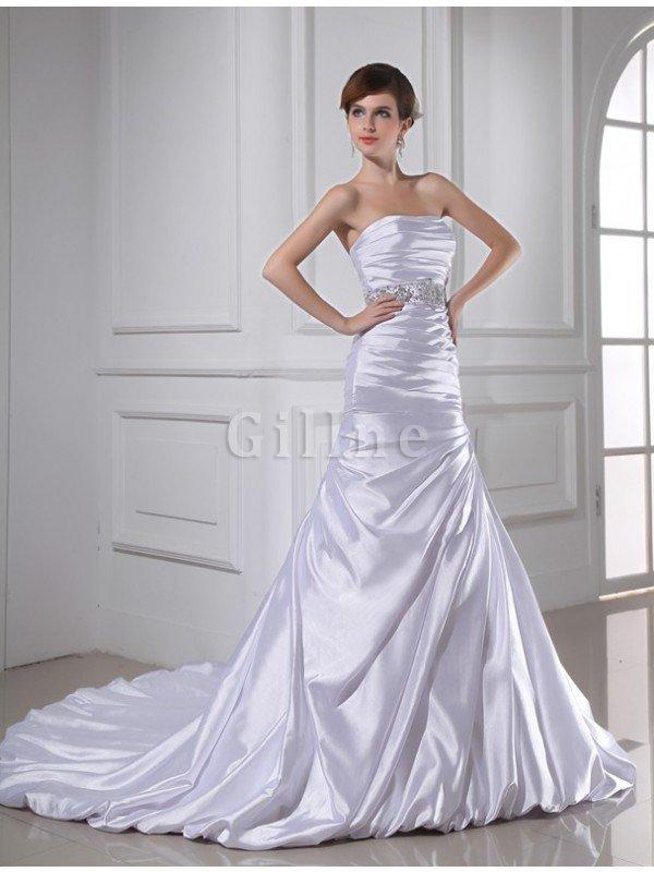 Abito da Sposa con Applique Senza Strap in Raso Satin Elastico Allacciato Sirena