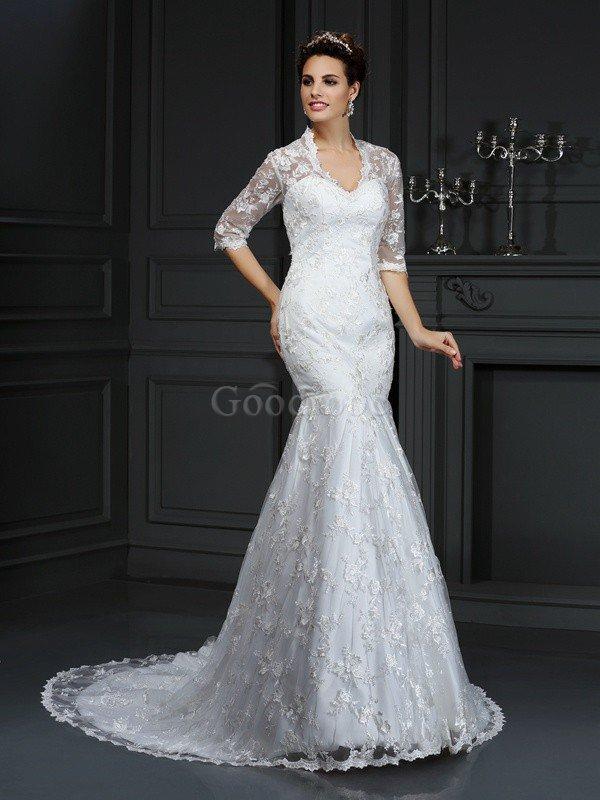 Robe de mariée longue naturel avec décoration dentelle de col en v en /2 manche