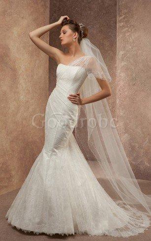 Robe de mariée ruché d'épaule asymétrique jusqu'au sol manche nulle cordon