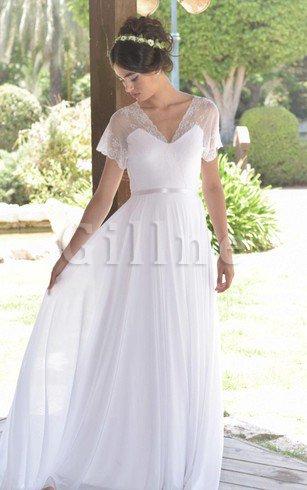 Abito da Sposa A Line in Chiffon con Manica Corte con Fusciacca V Scollo