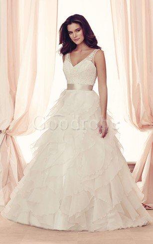 Robe de mariée romantique longue ruchés plongeants v encolure ceinture