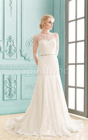 Robe de mariée modeste avec manche longue de traîne courte col en bateau avec cristal