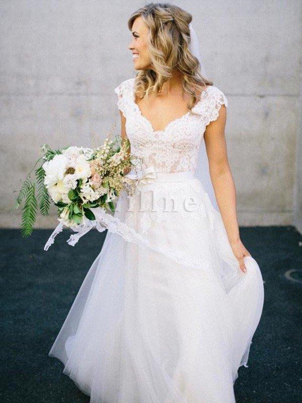 Abito da Sposa in Tulle A Terra A Line V Scollo Senza Maniche