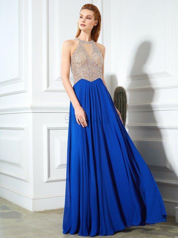 A Linie Chiffon Schaufel Ausschnitt Bodenlanges Ballkleid mit Reißverschluss