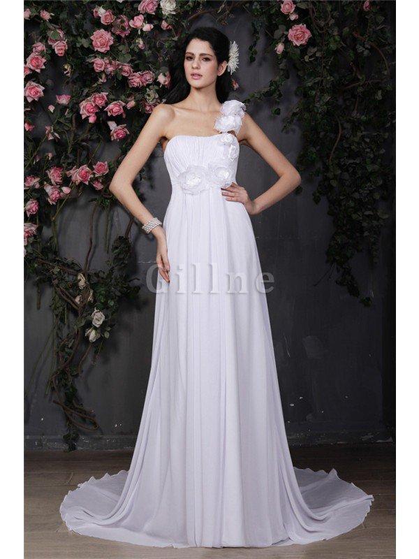 Abito da Sposa in Chiffon con Fiore Senza Maniche Allacciato con Increspature