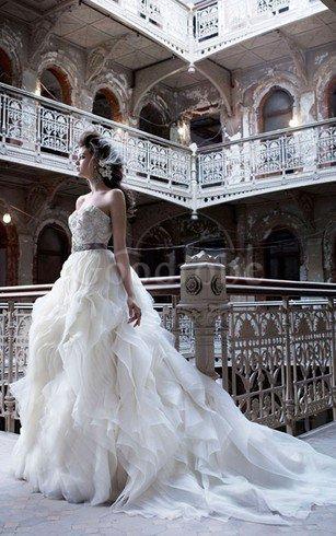 Robe de mariée naturel de traîne moyenne avec perle en organza de lotus