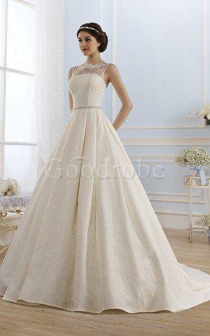 Robe de mariée romantique col en bateau cordon manche nulle avec décoration dentelle