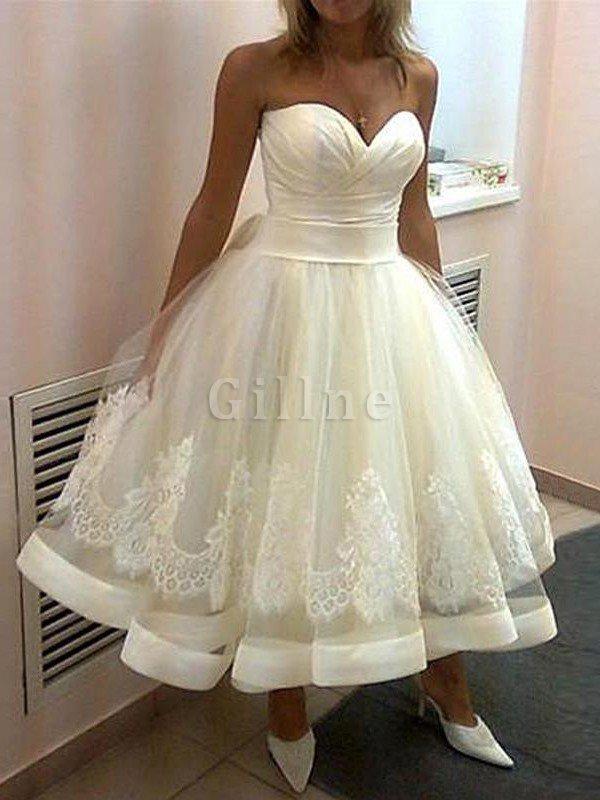 Abito da Sposa Cuore Senza Maniche con Applique Sotto Ginocchio Naturale