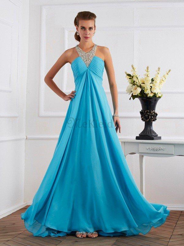 Ärmelloses Chiffon Reißverschluss Empire Taille Sittsames Abendkleid