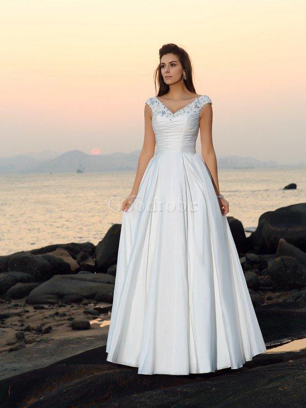 Robe de mariée longue avec perle textile taffetas v encolure decoration en fleur