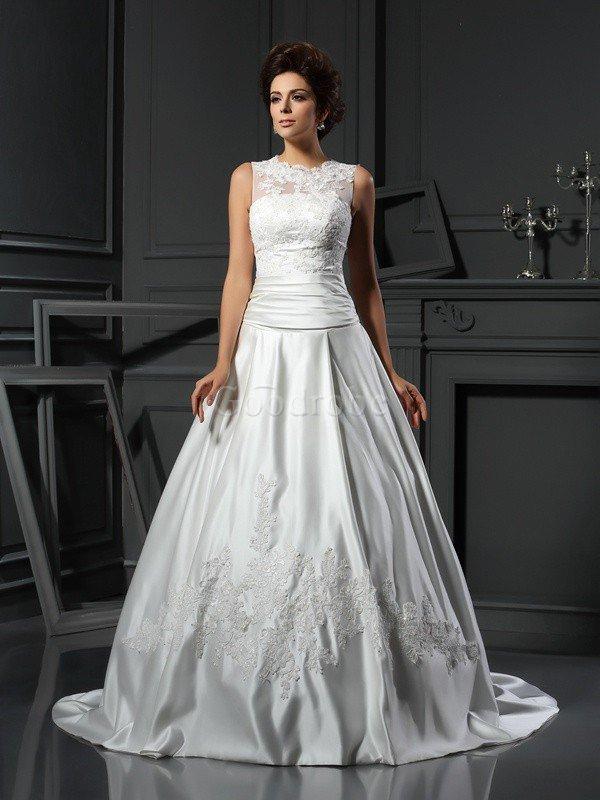 Robe de mariée naturel longue de col haut manche nulle en satin