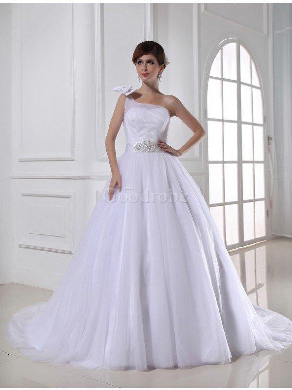 Robe de mariée en tulle avec lacets d'épaule asymétrique de mode de bal avec perle