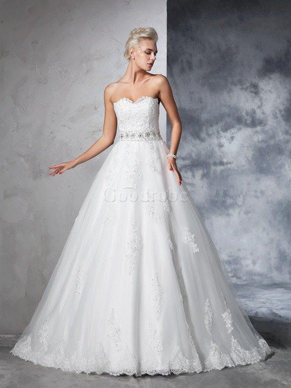 Robe de mariée longue de mode de bal appliques de col en cœur manche nulle