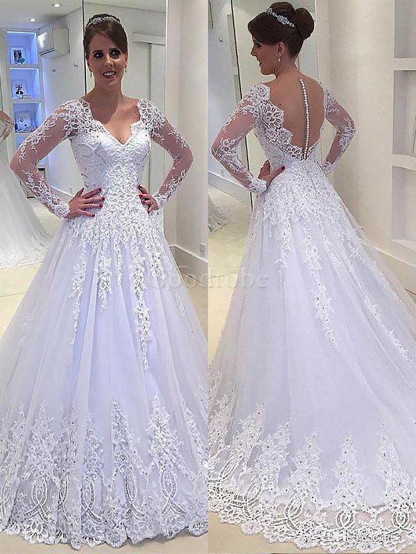 Robe de mariée de traîne moyenne ligne a appliques de princesse v encolure