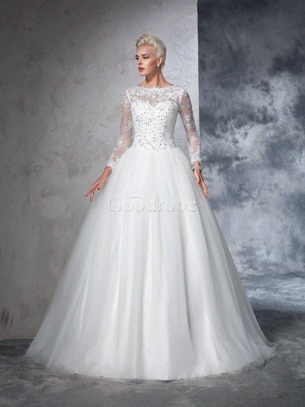 Robe de mariée longue avec manche longue col en bateau de mode de bal fermeutre eclair