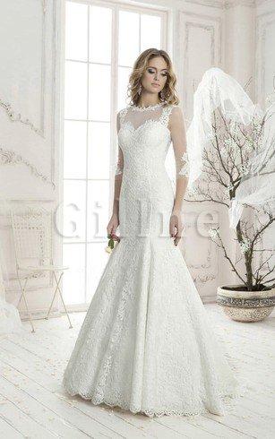 Abito da Sposa Naturale con Applique con Tre Quarti Lunghezza Maniche in Pizzo Sirena