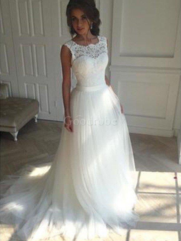 Robe de mariée de traîne moyenne rêveur avec perle en tulle naturel